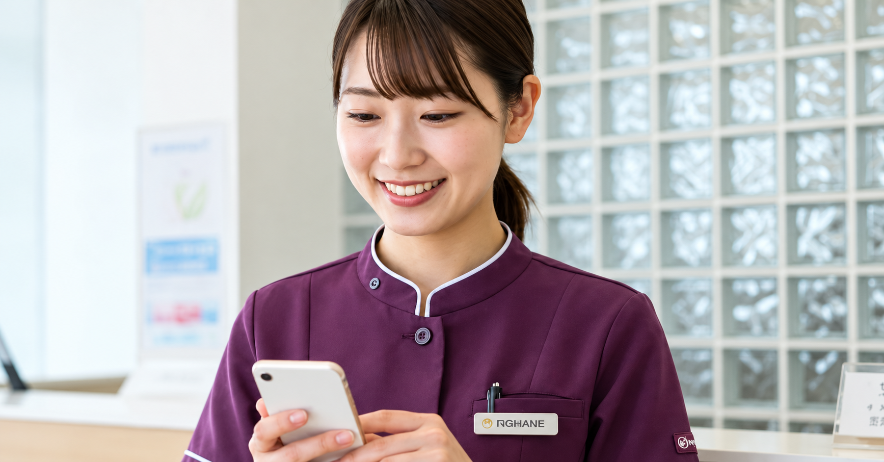 笑顔でスマートフォンを見る店舗スタッフ
