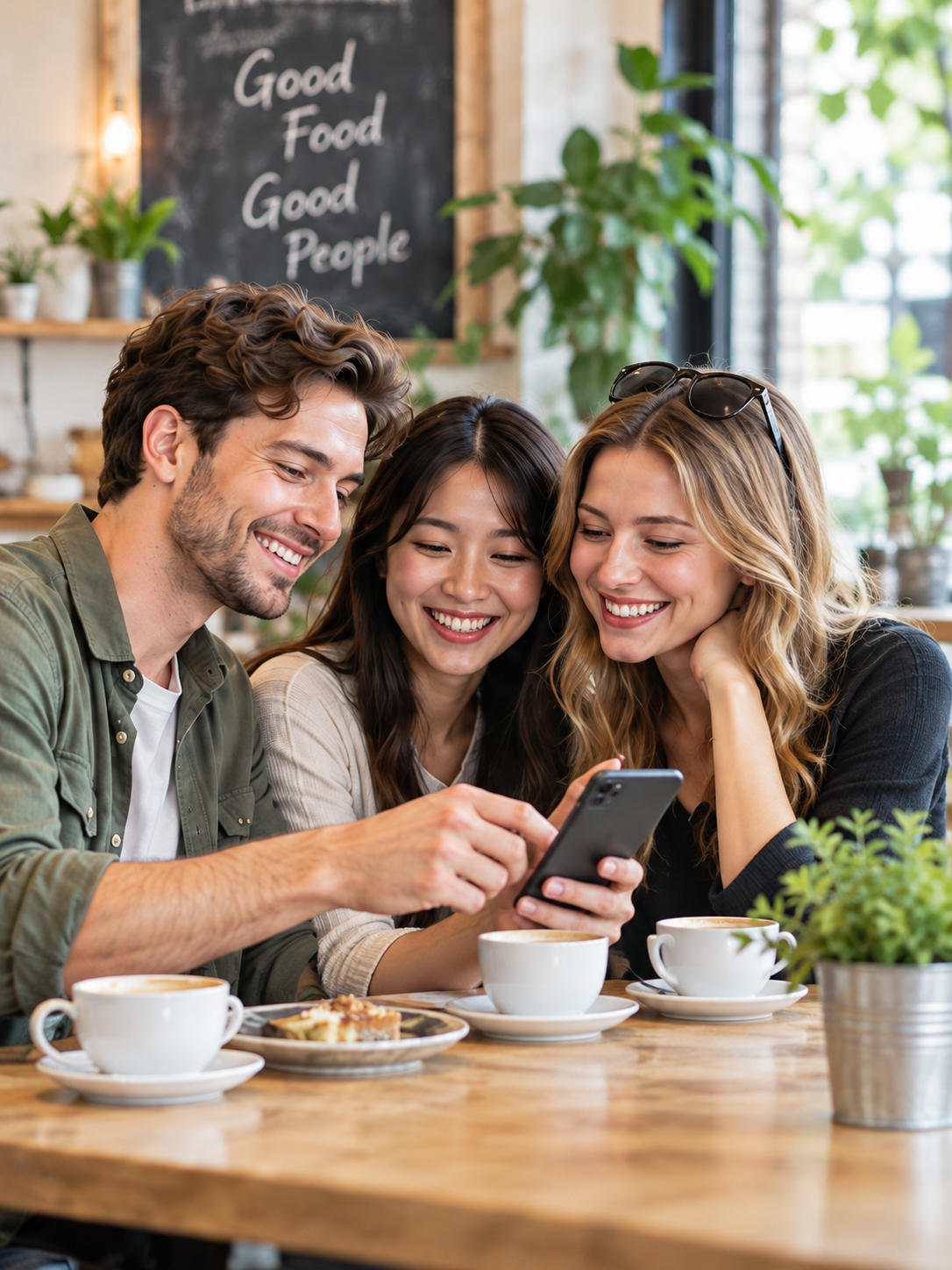 カフェでスマートフォンを見る3人の外国人観光客