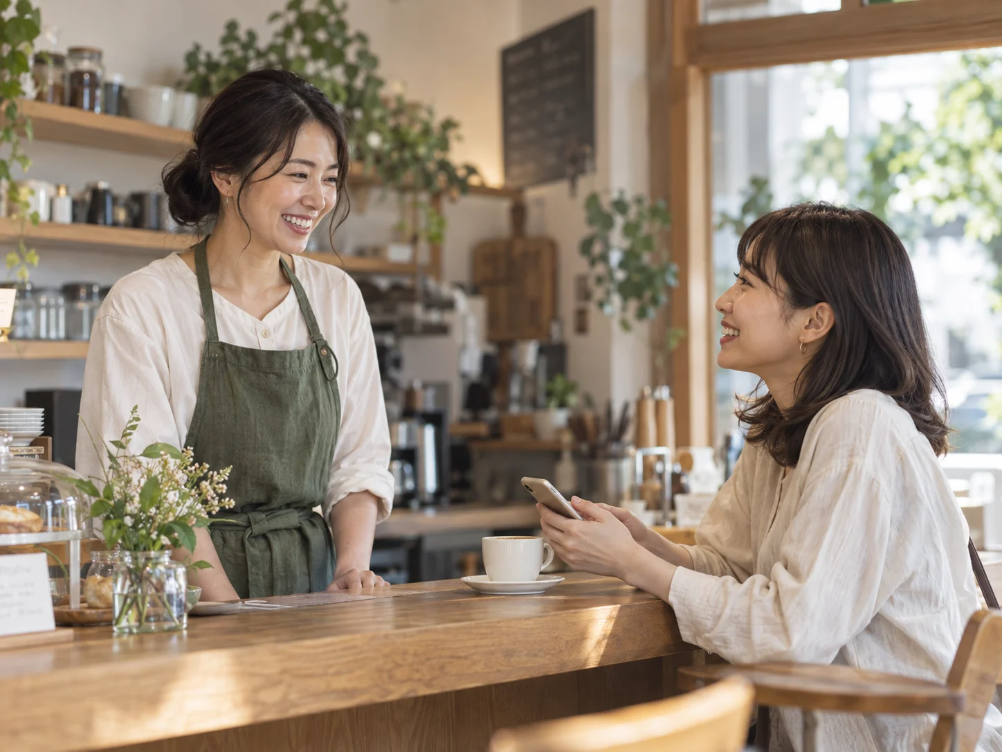 カフェでスマートフォンを手に店員と会話するお客様の利用イメージ